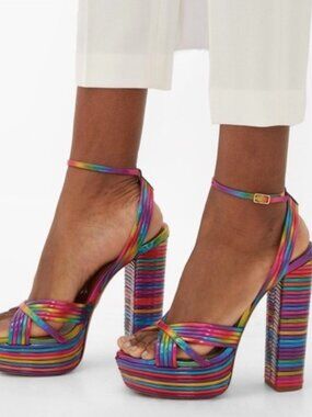 New Aquazzura Rainbow Metallic Platform Ankle-Strap Heels